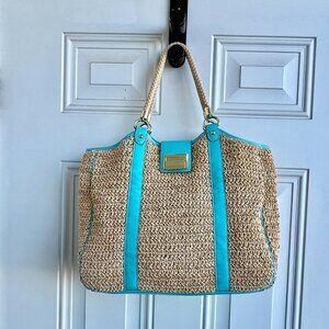 Talbots Large Woven Paper Straw Tote Bag Turquoise Blue Leather Trim Gold